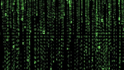 A bright animation of shiny green figures falling down on a dark black background