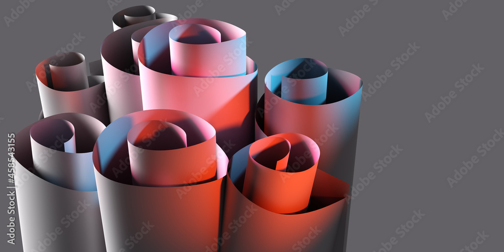 Poster gray-pink background of paper rolls. abstraction with rolls of paper. place for the text. abstract g