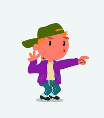 Surprised cartoon character of little boy on jeans points to something.