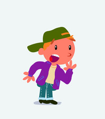 Unpleasantly surprised cartoon character of little boy on jeans looks to the side.