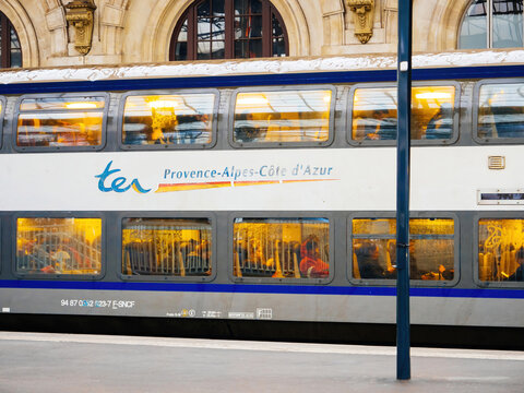 NIce, France - Nov 23, 2019: Provence Alpes Cote d'Azur inscription on Ter train in Nice-Ville station train main station