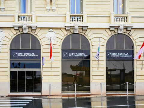 Monaco - Nov 23, 2019: Empty fof BNP Paribas Wealth Management headquarter in central Monaco street Avenue d'Ostende