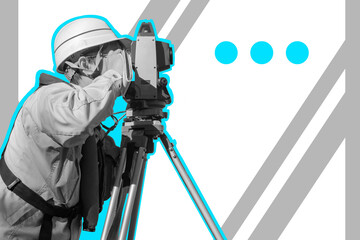 A gray-blue image of a surveyor looking into a theodolite. Cartographic works. Geodesy and cartography collage in magazine style. A cartographer with a theodolite next to the place for the text. - obrazy, fototapety, plakaty