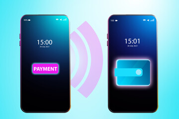 Electronic payments. Transfer money using smartphone. NFC technology. Bank payment mobile app. Instant payments. The concept of banking, settlements, technologies, payments on a blue background.