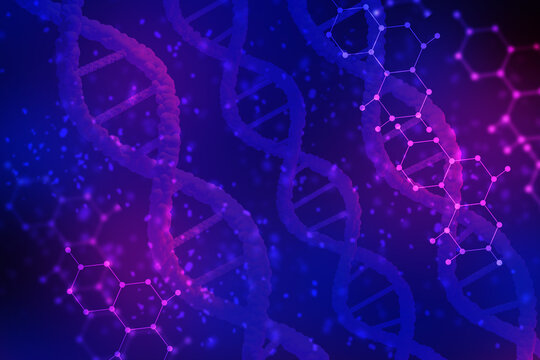 The genetic background is blue. DNA strands and chemical schematics. The study of heredity. Medical science and biotechnology. Genetic engineering in medicine. The DNA genome. Genetic research.