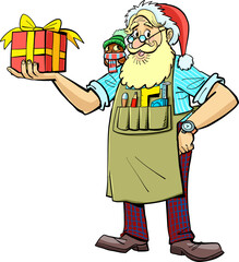 Santa Claus is holding a New Year's gift in his hand
