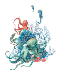 Octopus with corals watercolor artwork. Hand painted squid, crab and fish composition isolated on white background - obrazy, fototapety, plakaty