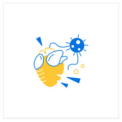 Heart attack flat icon. Covid molecule causing heart failure. Concept of corona virus cardio health effect and frequent death cause.Vector illustration