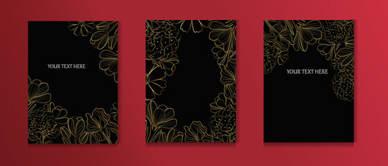 Vector greeting cards with gold flowers in line art style on a red background.