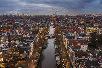 Obraz premium Amsterdam City Canals at Dusk Aerial View