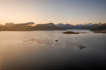 Aquaculture Fish Farm in Norway at Sunrise