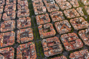 Barcelona City Spain Apartment and City Blocks at Sunset Aerial View