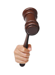 Judge hand hold a judment trial wood hammer on white background.
