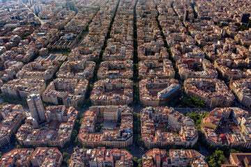 Barcelona City Spain Apartment and City Blocks at Sunset Aerial View