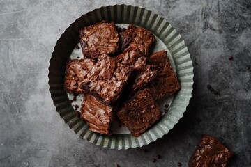 Homemade classic chewy fudge brownies, selective focus