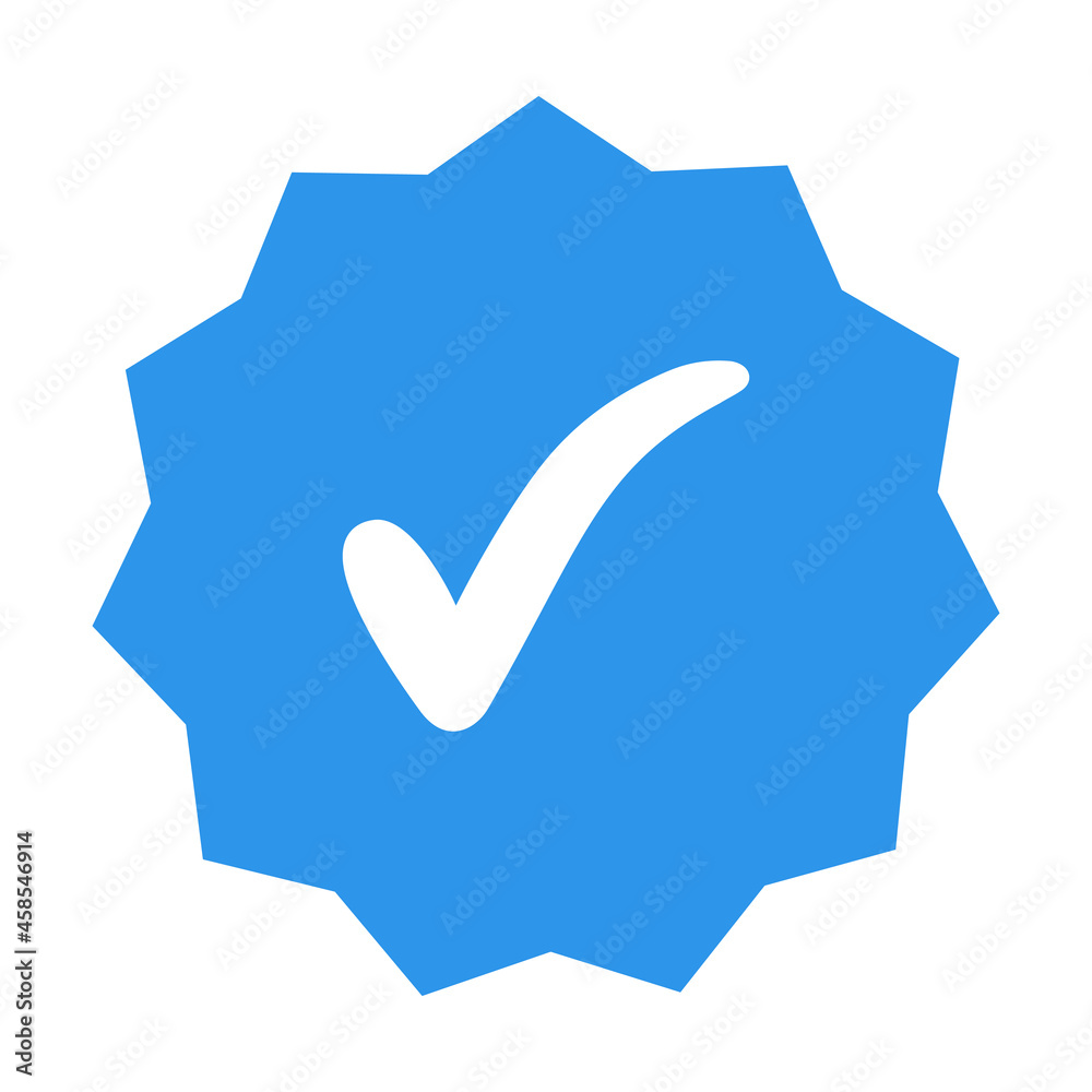 Aufkleber white check mark on the blue polygon 11 corners star badge icon of the verified user