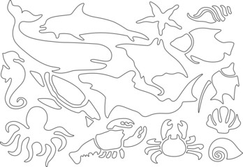 Obraz premium Vector colorless set outline of sea animals. Underwater world. Dolphin, crab, seashells, whale. Eps template image for children's coloring book, textile print 