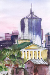 Old style drawing. Sketch of big city Chelyabinsk. Buildings different styles and eras. Modern skyscrapers and classic palace buildings. Hand drawn background watercolor illustration.