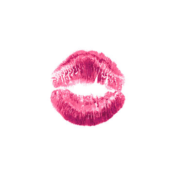 Beautiful realistic pink lips kiss isolated on white background. Lipstick vector mark.