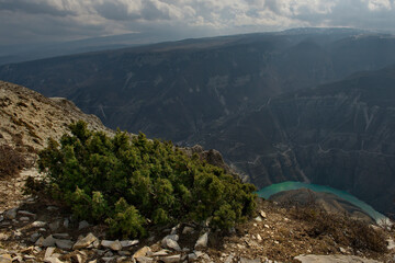 Russia. North-eastern Caucasus. The Republic of Dagestan. Panorama of the Miatlin reservoir in the famous Sulak canyon. View from the village of Dubki.