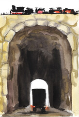 Old style drawing. Arch of a high stone road bridge. A paravoz rides across the bridge. In the arch of the tunnel, the silhouette of a large wagon. Hand drawn watercolor illustration