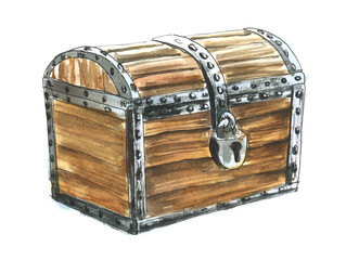 Old style drawing. Old wooden chest bound with iron. Closed with a large padlock. Pirate treasure. Hand drawn watercolor illustration isolated on white background