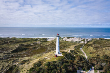 Lyngvig Fyr Lighthouse on the Dunes of Northern Denmark - obrazy, fototapety, plakaty
