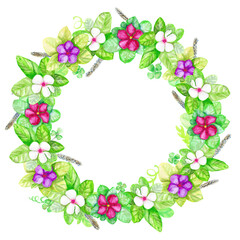 watercolor wreath of flowers for cards design, decoration. colorful and bright white and pink flowers