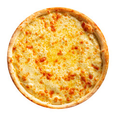 Isolated fresh baked cheese pizza on white background