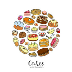 Hand drawn cakes in circle.