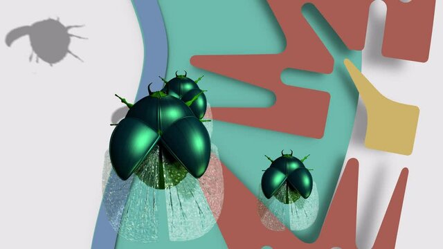 3d animation, three insect flying on scroll background