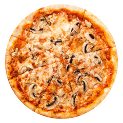 Isolated baked pizza with mushhrooms and cheese on white background