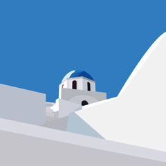 Vector illustration of Santorini island, Greece.  Traditional  churche with blue domes. Blue sky. Illustration for cards, posters or background.