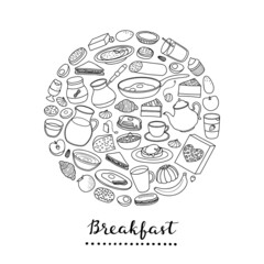 Hand drawn breakfast dishes in circle.