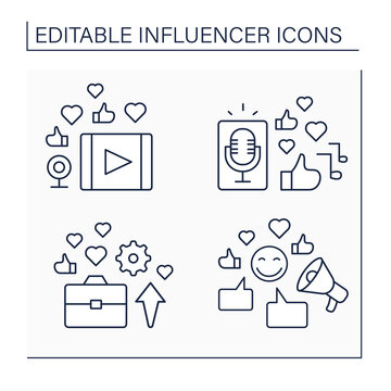 Influencer line icons set. Video clip, podcast. Industry expert. Blogging concept. Isolated vector illustrations. Editable stroke