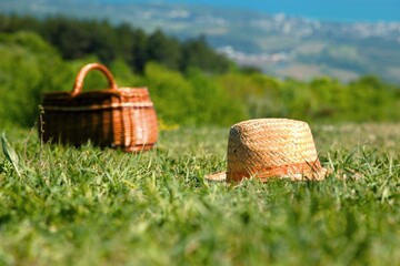 Picnic basket in a field