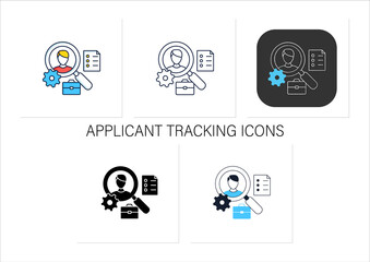 Applicant tracking icons set.Software app automates hiring process. Candidate management system. Talent management.Collection of icons in linear, filled, color styles.Isolated vector illustrations