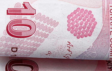 close-up Turkish lira banknote  background