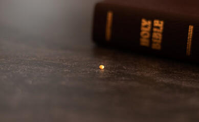 A closeup of mustard seed with closed Holy Bible on a dark background. Faith in God and Jesus Christ. Faithful Christian biblical concept. Strong belief and trust in the LORD.  - obrazy, fototapety, plakaty