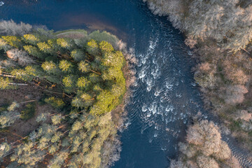 Lush Forests and a River in the Evening Aerial View