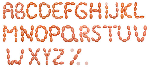 Letters made from sausage isolated on white background. Sausage Alphabet as metaphor, concept. Unique collection of letters and numbers. restaurant, grocery and bbq creative idea.