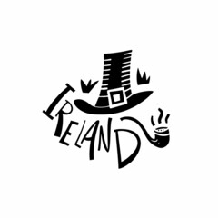 Vector hand drawn Ireland logo. Travel illustration of Republic of Ireland shape. Hand drawn lettering illustration. Irish culture element