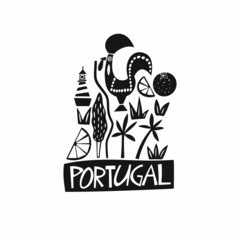 Vector hand drawn symbols of Portugal. Travel illustration of Portuguese signs. Hand drawn lettering illustration. Portuguese landmark logo