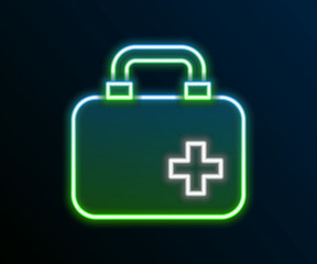 Glowing neon line First aid kit icon isolated on black background. Medical box with cross. Medical equipment for emergency. Healthcare concept. Colorful outline concept. Vector