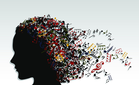 girl silhouette profile with color music note hair / music theme background