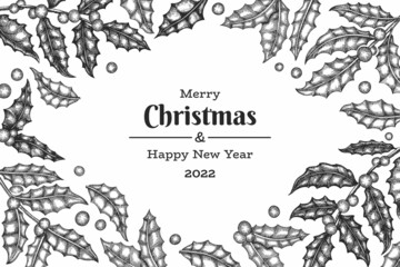 Christmas hand drawn vector greeting card design template. Vintage style botanical illustration. Winter plants xmas banner.