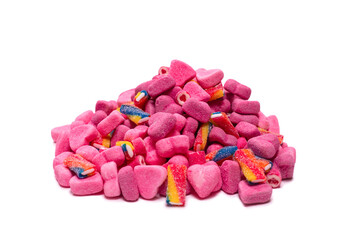 Assorted gummy candies. Top view. Jelly  sweets. Isolated on white.