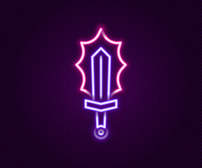 Glowing neon line Magic sword in fire icon isolated on black background. Fiery sword. Magic weapon of knight, sorcerer, magician. Fire spell. Burning blade. Colorful outline concept. Vector