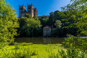 A view between trees across the River Wear towards the cathedral in Durham, UK in summertime