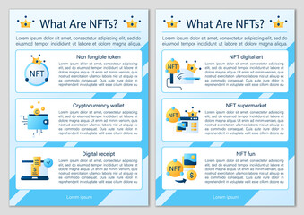 NFT brochures icons.Digital art. Non fungible token template.Flyers,magazines,posters,book covers.Cryptocurrency infographic concept.Layout illustrations page with icons